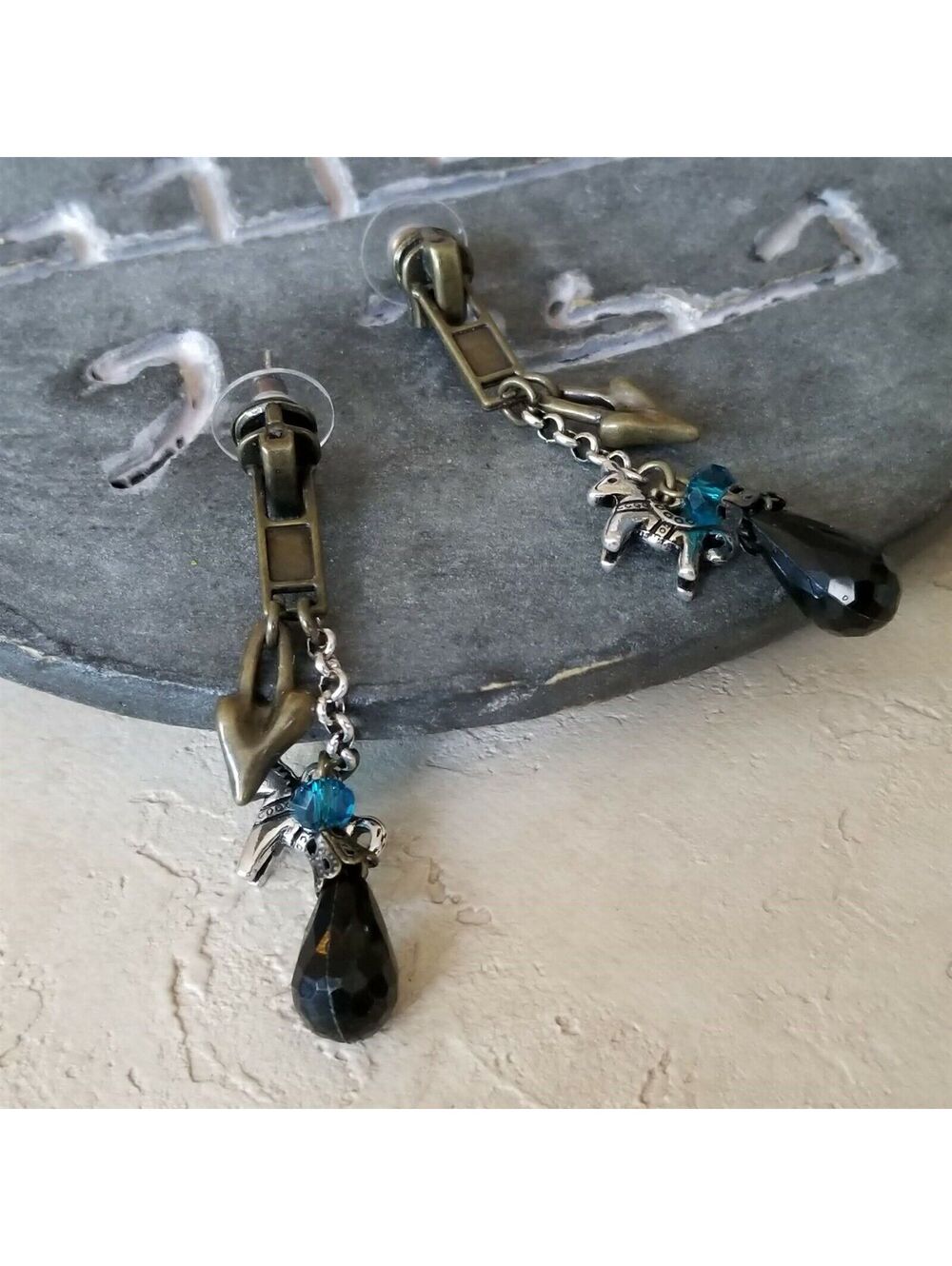 Steampunk Antiqued Brass Kitchen Sink Zipper Heart Teal Black Dangle Earrings